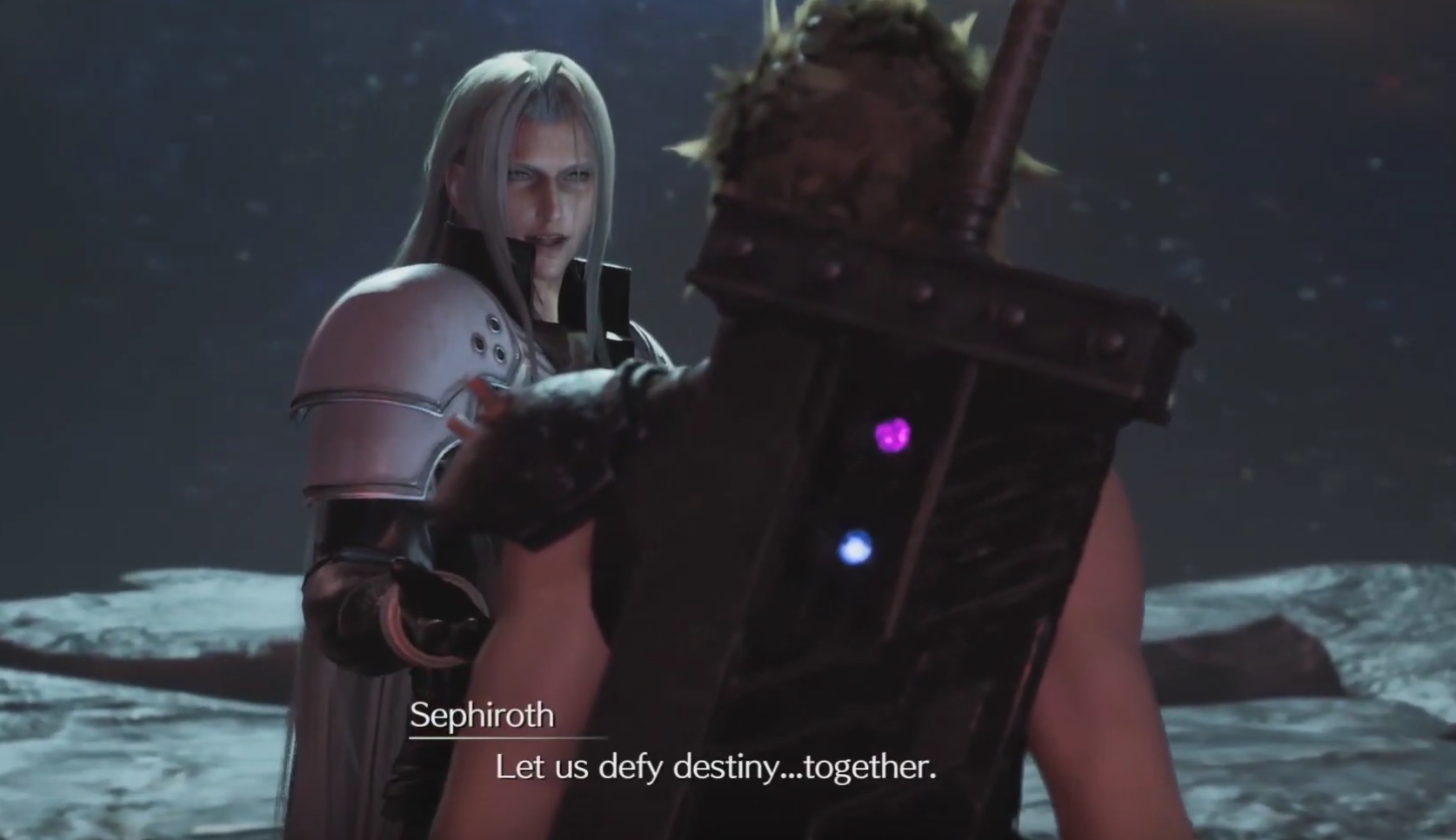 Sephiroth inviting Cloud to defy destiny with him at the Edge of Creation Sephiroth inviting Cloud to defy destiny with him at the Edge of Creation