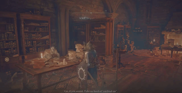 Gideon encouraging the Tarnished to burn the Erdtree's thorns