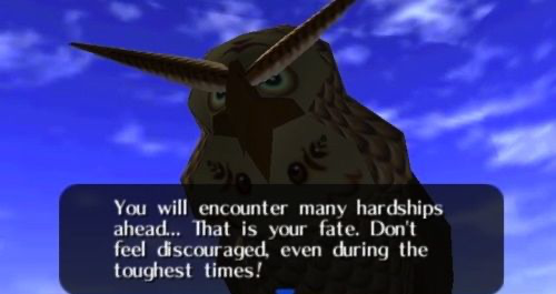 Kaepora Gaebora encouraging Link's upcoming journey—and defining Link's fate—in Ocarina of Time
