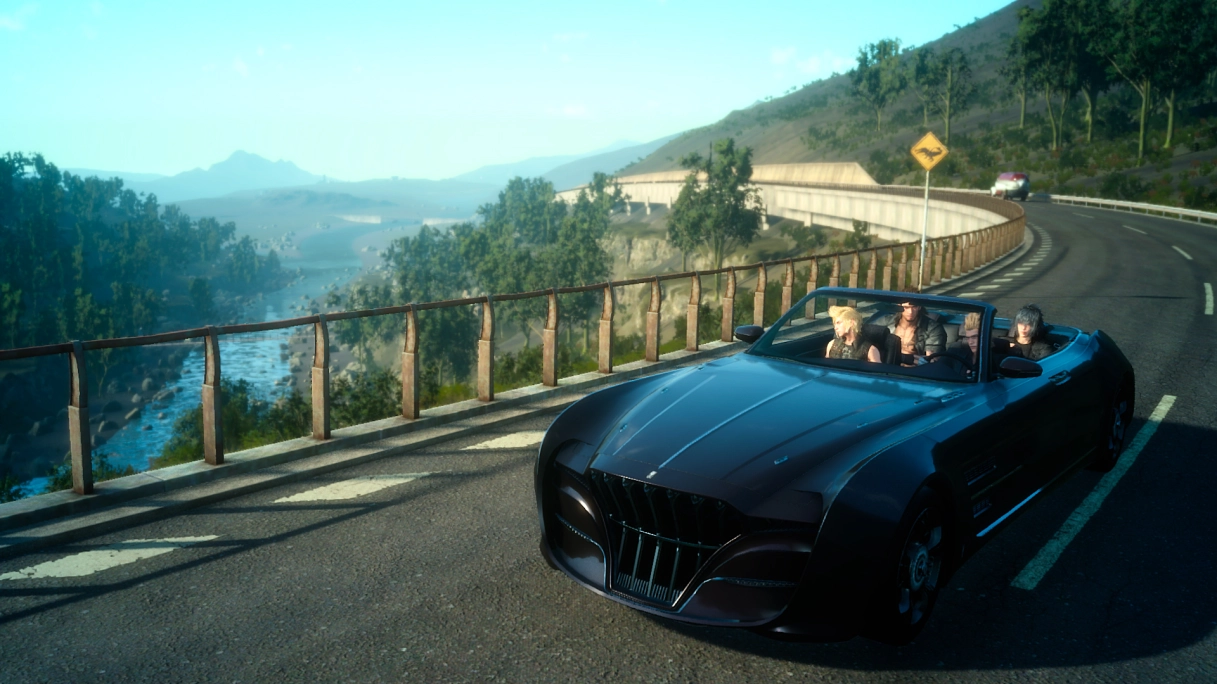 Noctis and friends taking the Regalia out on the open road in Final Fantasy XV